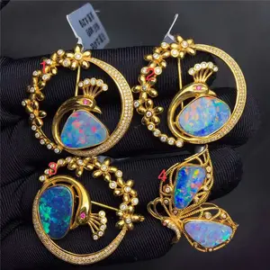 18 K Emas Afrika Selatan Berlian Nyata Fashion Elegan Hot Sale Peacock Alami Batu Opal Bros