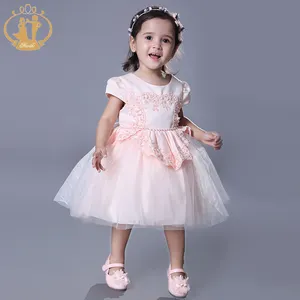 Flinke 100% Baumwolle Futter Großhandel Little Girls Orange Pink Kurzarm Tee-Länge Spitze Baby Girl Kleid