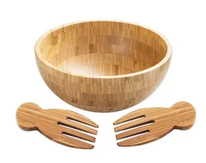 便宜的竹制沙拉碗，配有 2 个餐具