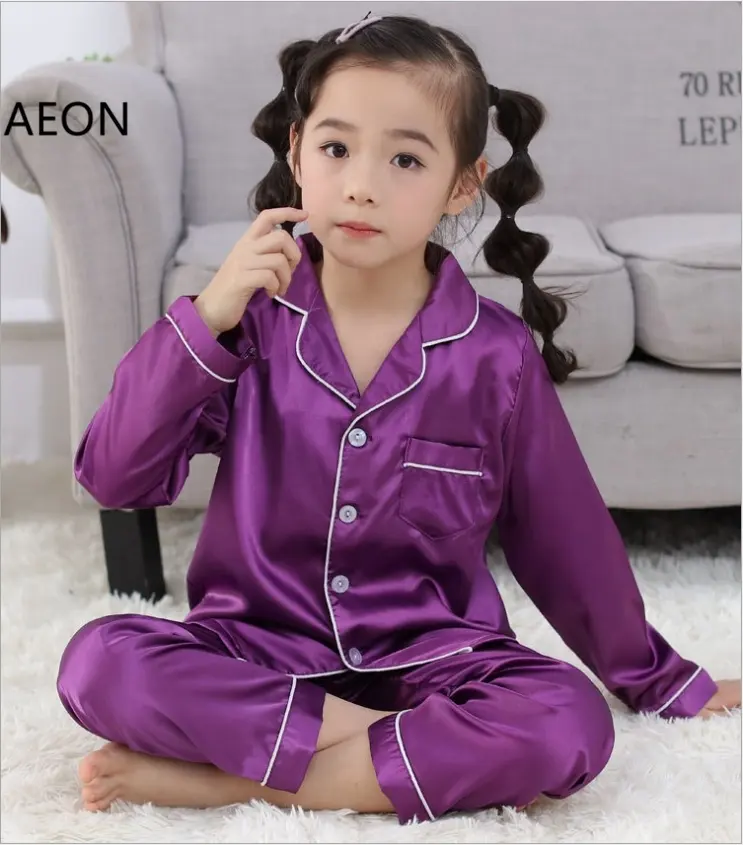 Pijama de satén de seda de buena calidad para niños, Conjunto de pijama de satén para niñas, no se ve a través