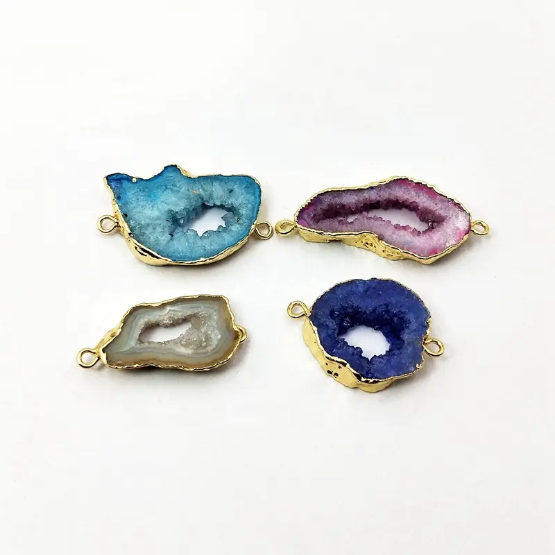 Mạ Vàng Cầu Vồng Tự Nhiên Onyx Agate Druzy Geode Slice Nối Đôi Bails Đánh Bóng Freeform Đá Quý Slice Jewelry