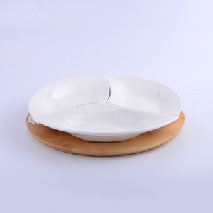 Porcelana de cerámica blanca de alta calidad, 3 compartimentos divididos PARA CENA, plato <span class=keywords><strong>disn</strong></span> con base de madera, venta al por mayor - Product Image 2