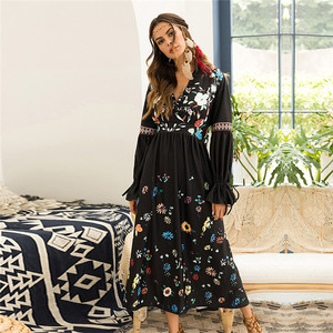 Boho V profundo con <span class=keywords><strong>volantes</strong></span> largo de manga de campana de cintura alta para mujeres de manga larga vestidos Maxi - Product Image 2