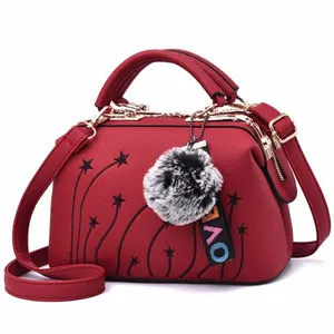 Newest women PU leather top fashion solid color summer luxury embroidery handbags crossbody bag custom with faux fur pompon
