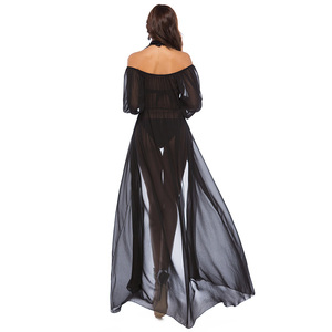 Diseño de la fábrica 2019 de gasa de verano malla fuera de hombro corbata frente a la playa de las mujeres bohemio Maxi vestido - Product Image 6