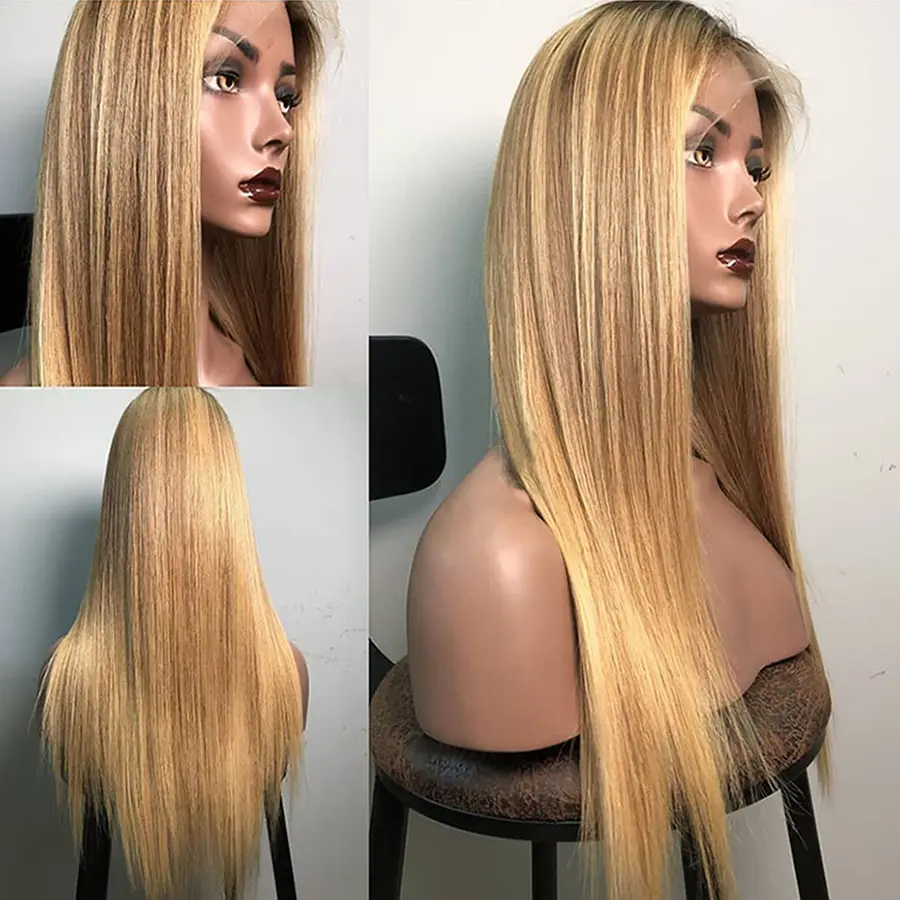 Blonde Straight Lace Front Human Hair Wigs With Baby Hair Pre Plucked Ombre Lace Front Wig 1b27# color Brazilian Remy Hair