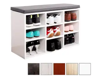 Prateleira organizadora de sapatos, popular, suporte de madeira, armazenamento pequeno com almofada de assento, cinza
