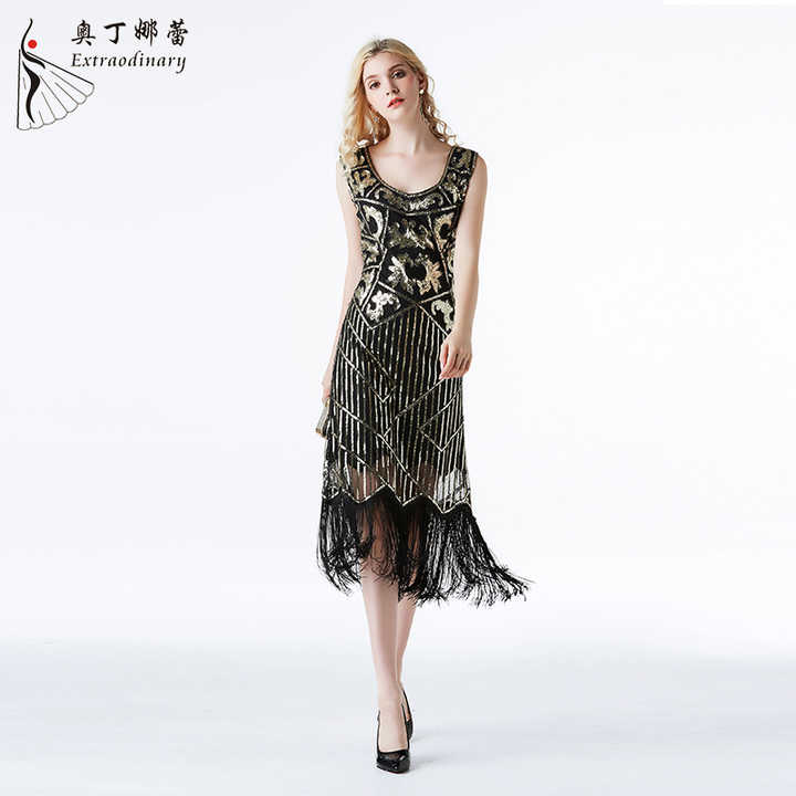 1920S Vintage Great Gatsby 黑色和金色连衣裙性感亮片闪亮流苏 flap裙舞会礼服| Alibaba.com