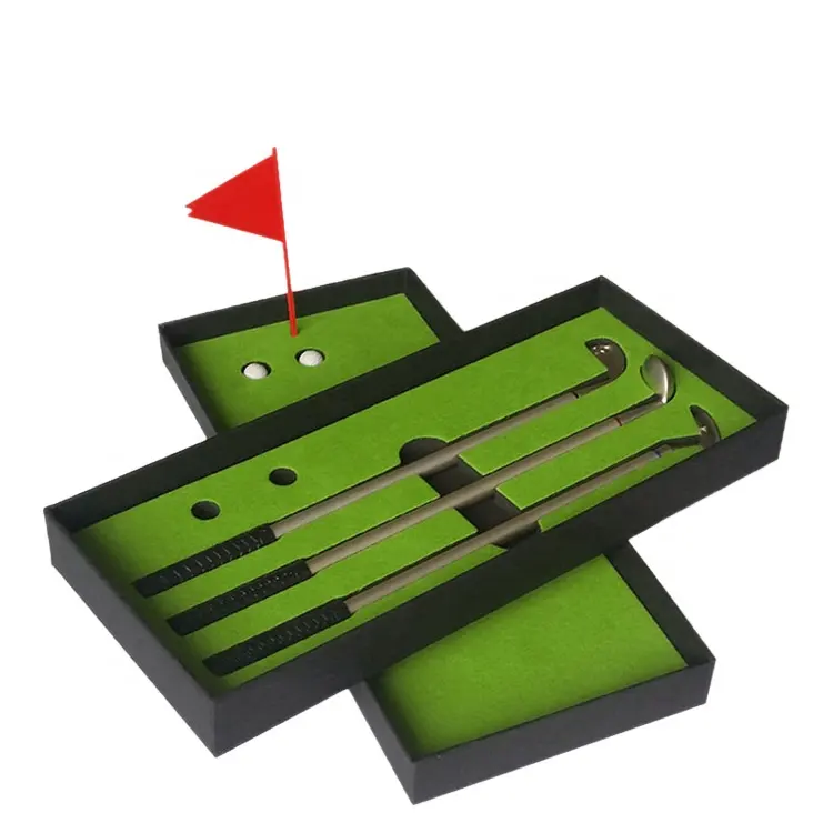 Caneta de golfe engraçada, mini conjunto de presente para golfe com ponteira verde 3 clubes de golfe canetas e 2 bolas