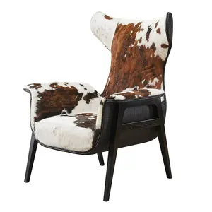 Silla de cuero genuino con respaldo de ala para sala de estar, mueble de salón de diseño clásico moderno de vaca