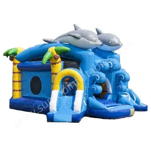 Moonwalks Inflatable Bounce House Shooting Castle with Ball Canons Dolphin Bouncer Shooter For Kids Outdoors