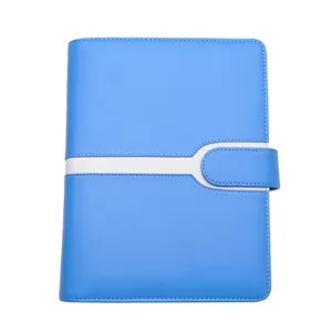 Multi-función de carpeta de archivo azul 6 anillos de metal binder PU cartera de negocios A5 documento titular con titular de la tarjeta