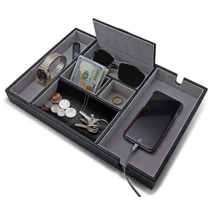 PU leather desk office organizer Valet Tray with Large Smartphone Charging Station
