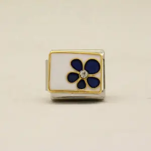 9mm Stainless steel Italian Links Bracelet white blue flower link charm