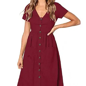 Vacances pour femmes Bouton Poche Dames D'été Casual Robe