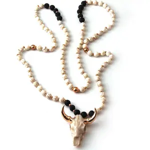 White & Lave Stone Horn Pendant Necklace Cow Skull Necklace Bohemian Tribal Jewelry