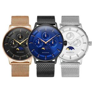 high quality stainless steel mesh strap male chronograph watch mens luxury moon phase watch