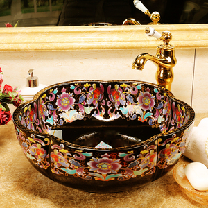 Lavabos de salle de bain en céramique faits à la main, en porcelaine artistique en forme de fleur avec plan de travail noir, lavabo artistique chinois - Product Image 3