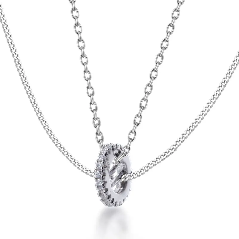 New Fashion Silver CZ Circle Round Pendant Necklaces Double Layer Link Chain Necklaces For Girls Trendy Fine Jewelry