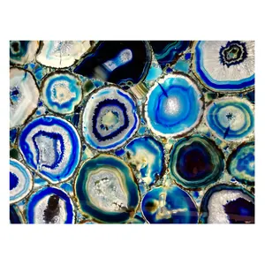 Transparente contra retroiluminada semi preciosas de cristal de piedra natural de ágata azul losa encimera