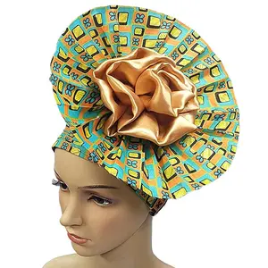 Queency New Arrival Ankara Fabric Print 3d Flower Head Wraps Bonnet African Fashion