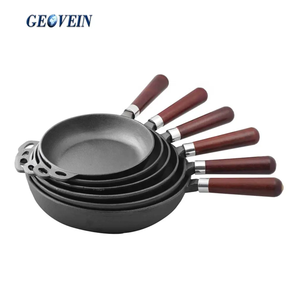 Cast Iron Pan with Wooden Handle Multi-Use Non-Stick Skillet and Metal Grill Plate