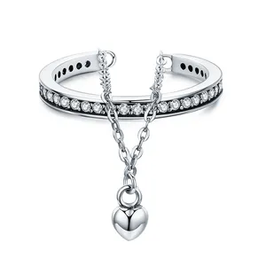 Qings Chia Tình Yêu Trái Tim Vòng 925 Sterling Silver Bạc Zircon Mở Nhẫn Với Nhà Máy Giá