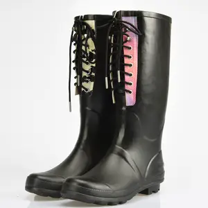 Wholesale Black Ladies Rain Shoes Hunting Customize Waterproof Non Slip Wellies High Heel Rubber Lace Up Boots Women
