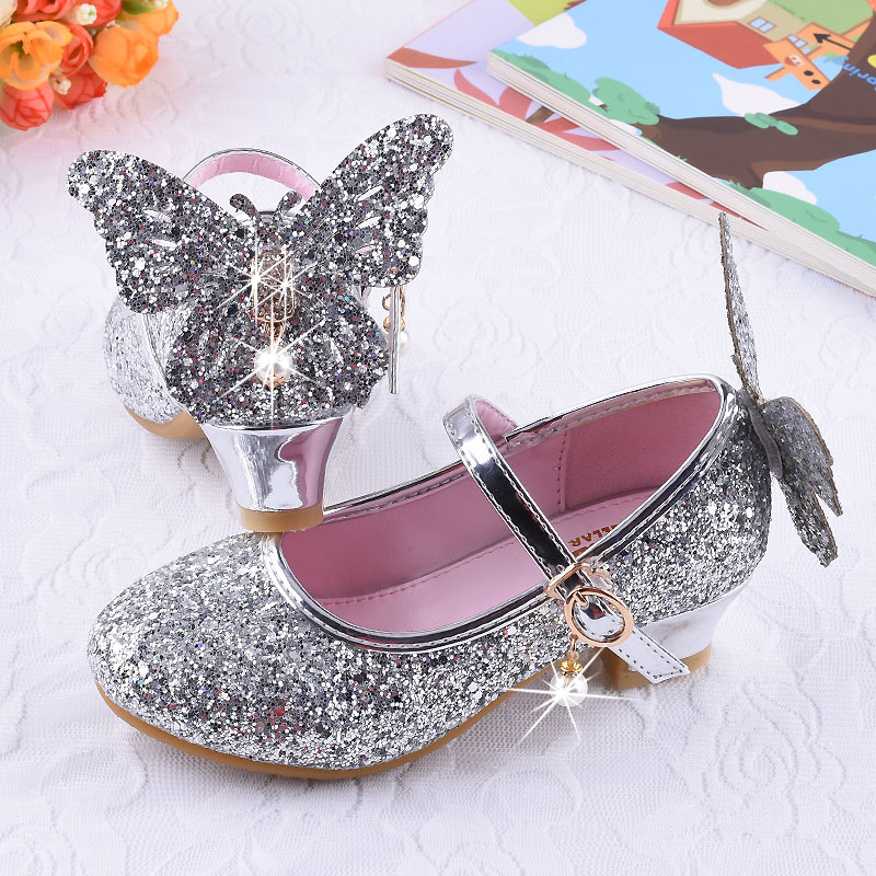 Модные детские кожаные туфли принцессы со стразами на высоком каблуке