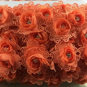 Commercio all'ingrosso Chiffon Cluster Fiori di Colore Arancione Frangia 3D Lace Trim