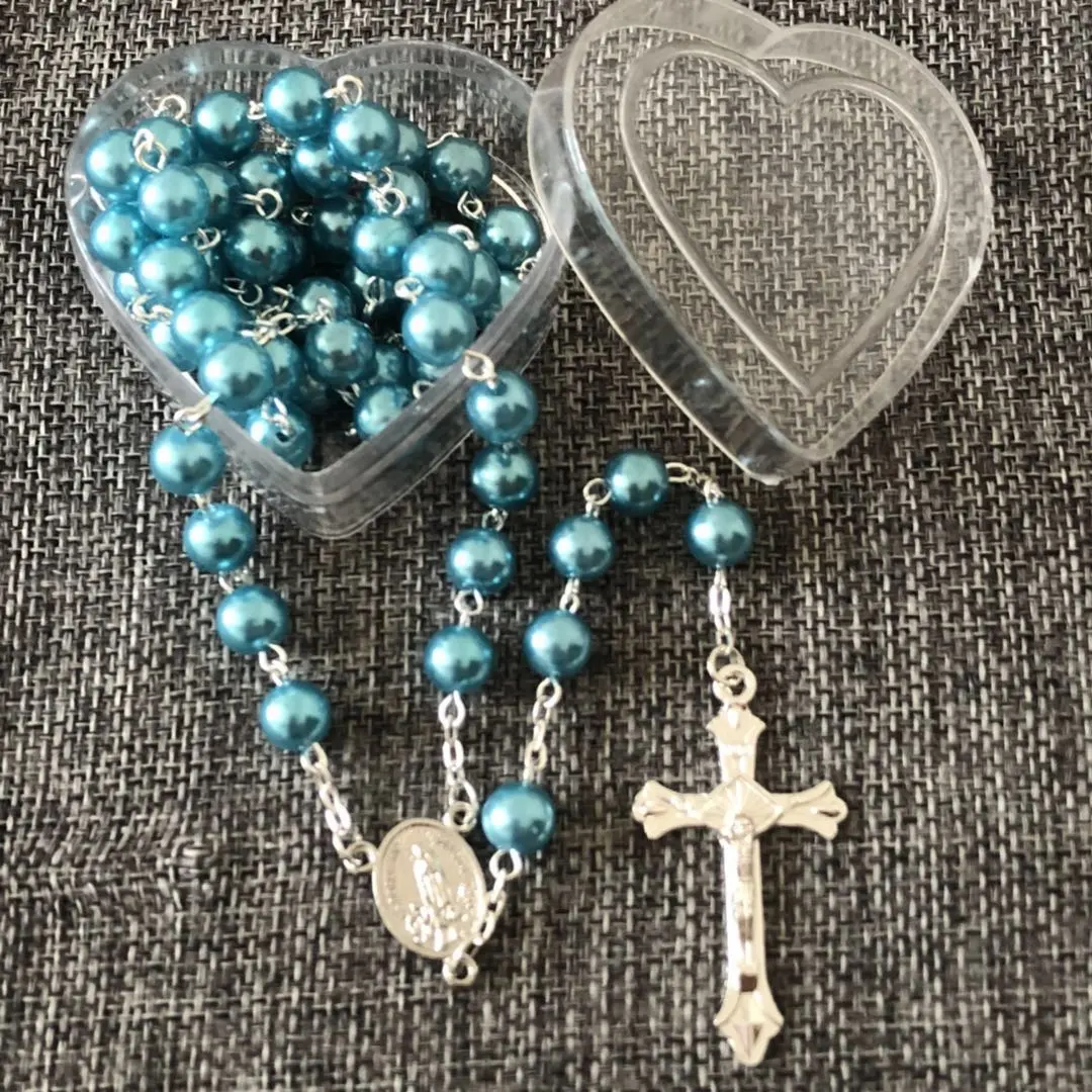 Manik-manik Rosario Mutiara Biru 8Mm, Kalung Katolik dengan Kotak Rosario Hati Bening