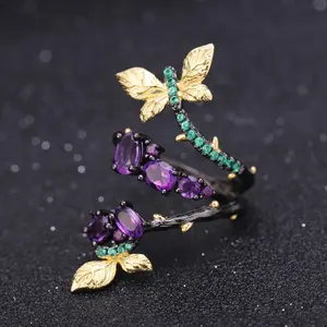Abiding Premier Design Raw 925 Sterling Silver Handmade Jewelry 14K Gold Plated Butterfly Amethyst Finger Ring For Girlfriend