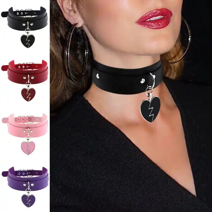 Punk Chain Choker Necklace For Women Girls Black Leather Heart Chockers  Collar