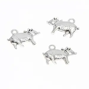 Antiqued Silver Tone Prize Pig with Bow Charm Pendants: Cute Animal Pig Charm (20x15mm)