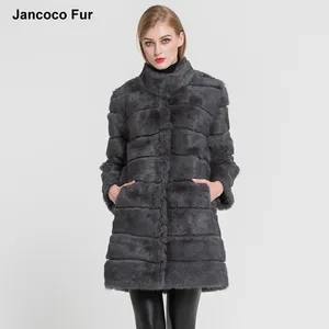 Jancoco 2019 New Winter Real Rabbit Fur Jacket Warm Soft Long Fur Coat Women Christmas Dress