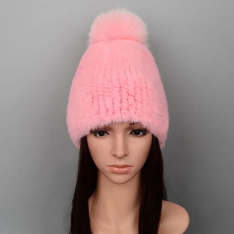Factory Wholesale Mink Knit Hat Fur Hat With Fox Fur Ball For Women Winter Warm Mink Hat