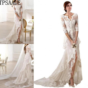 Robe de mariée <span class=keywords><strong>Sxey</strong></span> en dentelle transparente à manches courtes, devant court et dos long, voile à étages, fermeture éclair fendue, nouveau design 2025 WF258 - Product Image 4