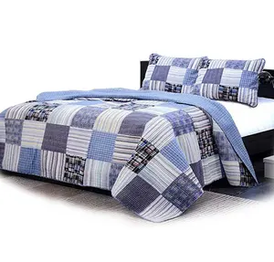 Denim Navy/Blue/White Plaid Striped Real Patchwork Cotton Quilt Bedding Set, Reversible Coverlet,Bedspread