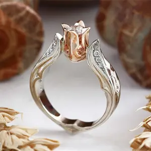 Dropshipping Cincin Mode Pernyataan Perhiasan Cincin Rose Gold Platinum Zirkon Kristal Bunga Pernikahan Pertunangan untuk Wanita Perak