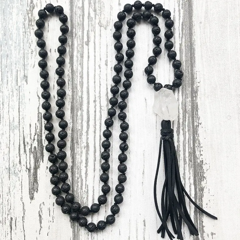 ST0568 108 Mala Beads Necklace With Raw Quartz Yoga Meditation Jewelry Black Lava Stone Hand Knotted Necklace Leather Tassel