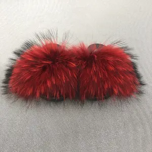 Raccoon fur and fox fur nature color fur slides slippers