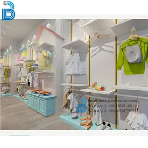 सरल दराज के साथ बच्चों के कपड़े की दुकान इंटीरियर डिजाइन और प्रदर्शन खड़े हो जाओ