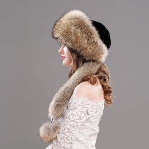 Chapeau aviateur d'hiver pour <span class=keywords><strong>femme</strong></span> avec écharpe en fourrure de renard, réglable et broderie à la main, accessoire de mode adapté aux fêtes - Product Image 2