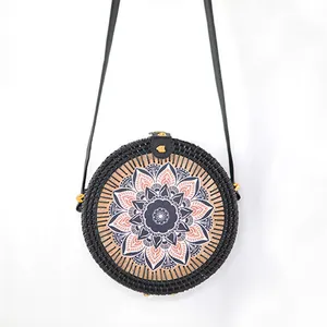 Newest styles popular rounded shape straw rattan printing flowers handmade shoulder cross-body summer beach bag