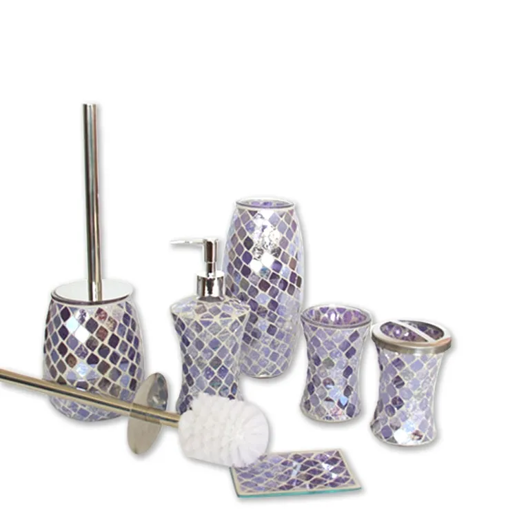 Acessórios do banheiro conjunto de 6 peças, roxo com prata de vidro, acessório de banho feito à mão, peça mosaico