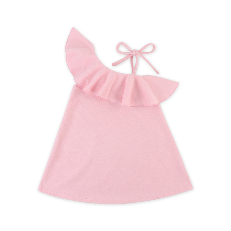 Пользовательские дизайн тканые ткань зима розовое платье с открытыми плечами рюшами детская одежда для девочек вечерние