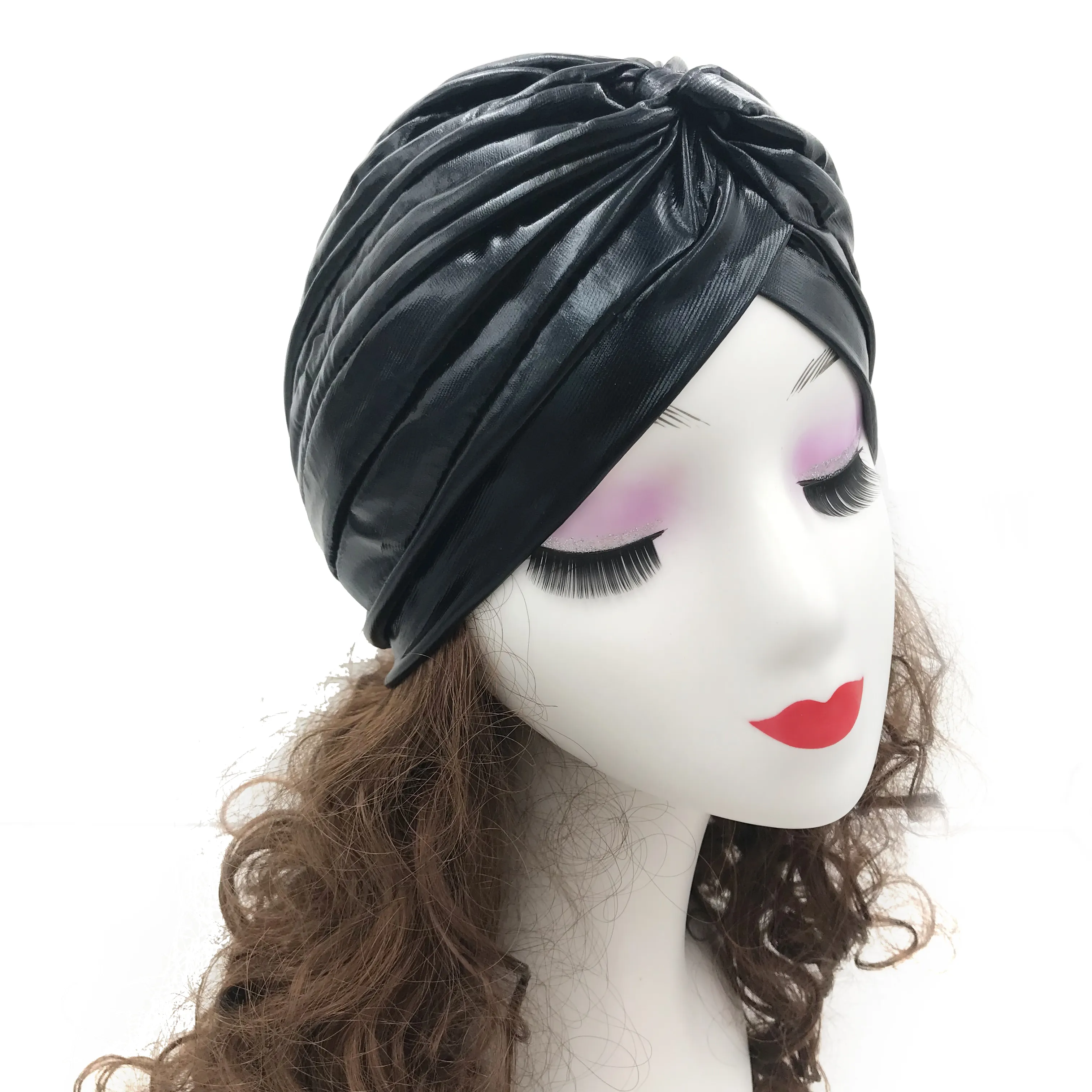 Turban Hitam PU Wanita Perawatan Rambut Jilbab Muslim, Syal Kepala, Jilbab Muslim, Manik-manik Kepang Bungkus Stretch Turban