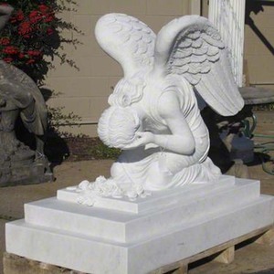 Estatua de Ángel Llorón Arrodillado de Mármol Blanco Grande con Alas, Lápida, MTG-006 - Product Image 2