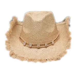 Topi matahari pantai musim panas topi koboi Barat jerami rafia alami dengan dekorasi kerang