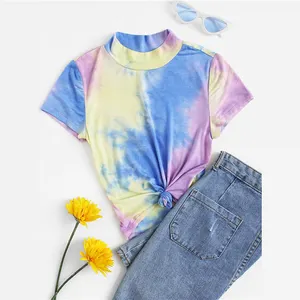 คอ - คอ Tie Dye Tee 2019 Posh Slim Fit Stand Collar Tops Chic ยืดเสื้อผ้าผู้หญิงฤดูร้อน T เสื้อ